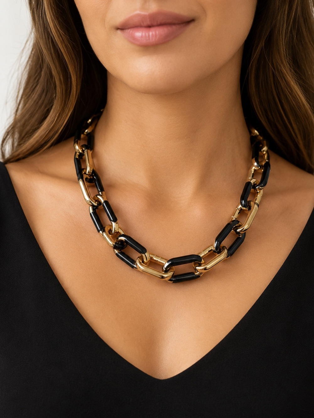 NWT Alfani Gold Tone Black Acrylic Chunky Chain Link Statement Necklace
